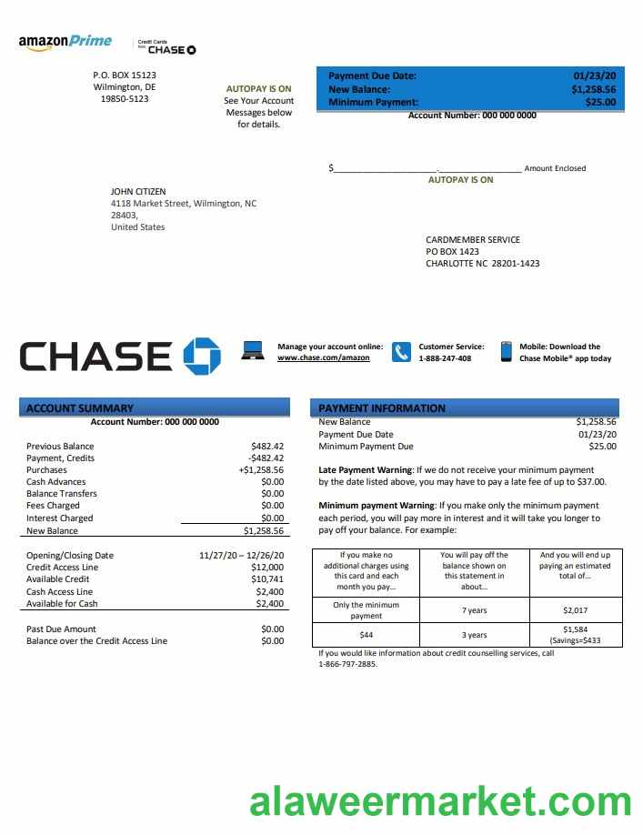 USA Chase bank credit card statement template in .doc and .pdf format